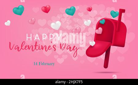 Valentines Day banner template with mailbox and hearts in 3D realistic style. Vector isolated illustration Stock Vector