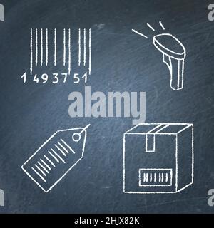 Barcode tags and scanner icon set on chalkboard. Vector illustration. Stock Vector