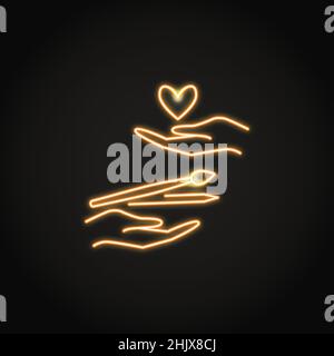 Neon support artist icon in line style. Two hands, with brushes and with heart. Vector illustration. Stock Vector