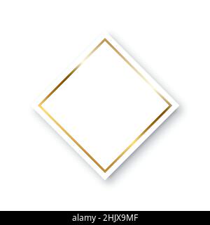 Rhombus with gold ring frame vector illustration. Elegant white decor object of square shape with shine border and shadow, realistic design with glitt Stock Vector