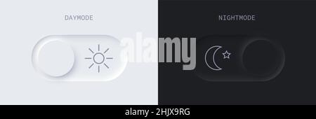 Daymode and nightmode slide neumorphic buttons set vector illustration. Light day and dark night sliders combination with moon and sun symbols for web Stock Vector