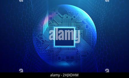 Electronic circuit board in sphere shield. Blue technology network vector illustration with hexagon wave. Network connection background. Stock Vector