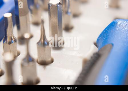 Several fine mechanic bits in plastic bit holder Stock Photo