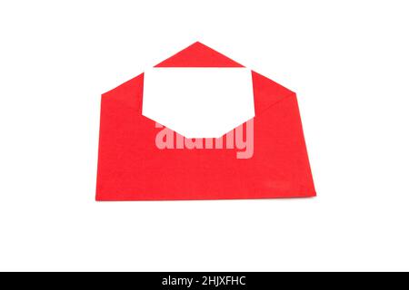 Red envelope with a white sheet of paper on a white background. Isolated Stock Photo