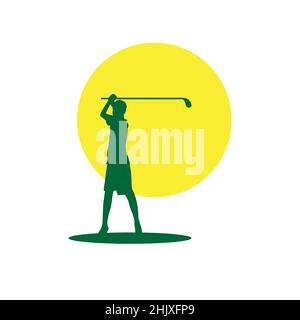 silhouette young golf player with sunset logo design, vector graphic symbol icon illustration creative idea Stock Vector