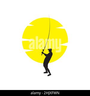 silhouette young man fishing with sunset logo design, vector graphic symbol icon illustration creative idea Stock Vector