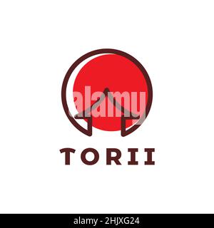 circle red with torii gate japan logo design, vector graphic symbol icon illustration creative idea Stock Vector