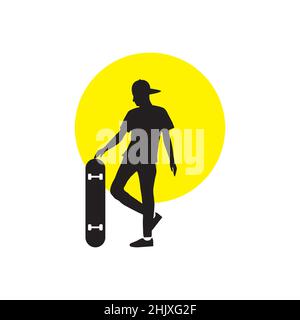 silhouette young man training skateboard with sunset logo design, vector graphic symbol icon illustration creative idea Stock Vector