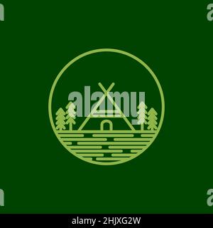 line shape home wood green with trees forest logo design, vector graphic symbol icon illustration creative idea Stock Vector