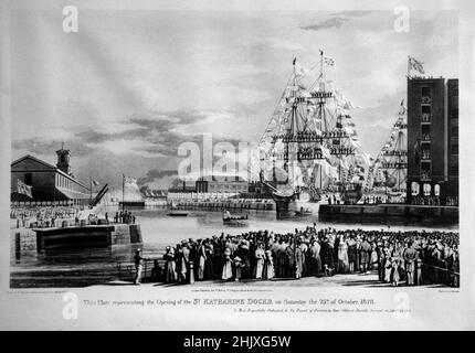 Engraving showing opening of St Katharine's Dock, London, England, UK in 1828 Stock Photo