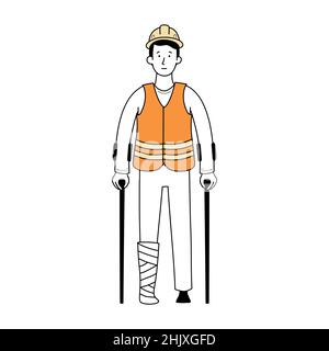 Worker with injury bandage leg. Fall accident on work. Doodle line style character. Vector illustration. Stock Vector
