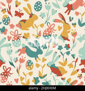 Lovely hand drawn Easter seamless pattern, doodle bunnies, eggs and flowers, great for banners, wallpapers, wrapping, textiles - vector design Stock Vector