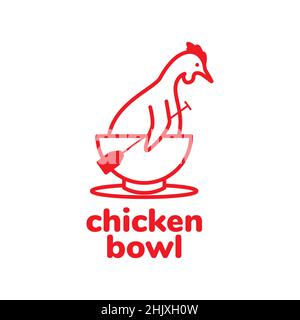 chicken with bowl line cartoon logo design, vector graphic symbol icon illustration creative idea Stock Vector