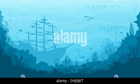 Underwater landscape with sunken sailing ship and divers. Seabed seascape, pirate treasures on sea bottom vector background with antique ship on seafl Stock Vector