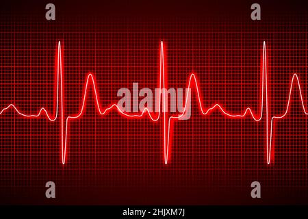 Heart beat ecg or ekg seamless neon line on red background. Electrocardiogram graph of healsh cardio rate. Examination of human health. Medicine test Stock Vector