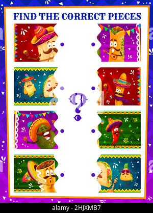 Find correct pieces of cartoon mexican tacos, avocado enchiladas , tamales funny characters. Kids jigsaw puzzle riddle vector worksheet or child logic Stock Vector