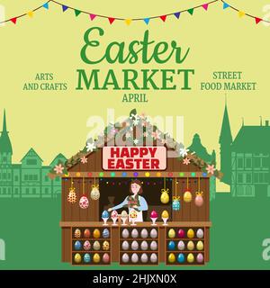 Easter Market poster, wooden stall decorated flowers, colored Easter eggs. Holiday City Spring Fair Square, Europe architecture background. Vector Stock Vector