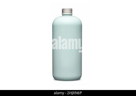 Blue bottle with metal aluminum cap isolated on white background. Cosmetic bottle with dispenser liquid container for gel, lotion, bath foam 3d Stock Photo