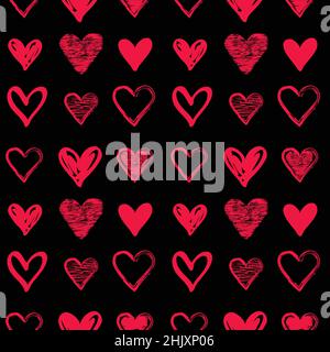 Simple doodle and grunge hearts seamless pattern. Valentines day background. Flat design chaotic texture made of tiny heart silhouettes. Shades of red Stock Vector