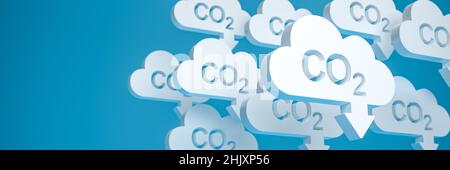 CO2 reduction concept. Cloud shaped objects with the word CO2 punched out and an arrow pointing down in front of a blue background. Web banner format Stock Photo