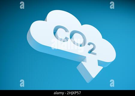 CO2 reduction concept. A cloud shaped object with the word CO2 punched out and an arrow pointing down in front of a blue background. Stock Photo