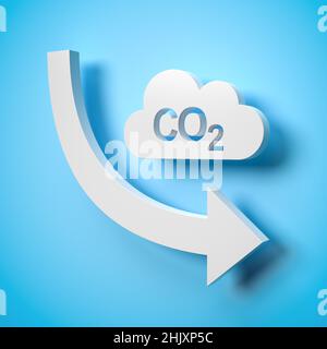 CO2 reduction concept. A cloud shaped object with the word CO2 punched out in front of a blue background. A curved arrow pointing down. Stock Photo