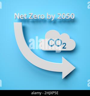 CO2 reduction concept. A cloud shaped object with the word CO2 punched out in front of a blue background. A curved arrow pointing down and the text 'N Stock Photo