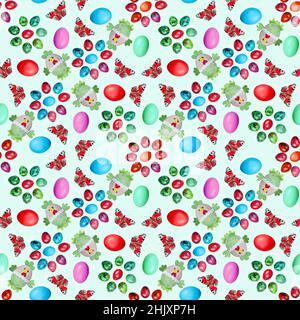 Easter seamless pattern with multicolored chicken and quail eggs, toy chicken and butterflies on a light square background Stock Photo