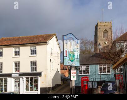 Historic buildings, church and town sign, Framlingham, Suffolk, England, Uk Stock Photo