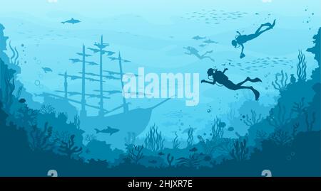 Underwater landscape with sunken sailing ship and divers. Seabed seascape, pirate treasures on sea bottom vector background with antique ship on seafl Stock Vector