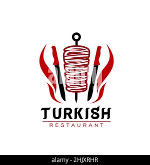 Turkish cuisine restaurant vector icon with doner kebab or shawarma on skewer. Barbecue rotating spit with grilled meat, chef knives and red fire flam Stock Vector