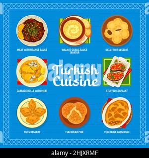 Turkish cuisine menu with vector dishes of Arab halal food. Arabian meat and vegetable meal with nut and date desserts, flatbread pide, beef with oran Stock Vector