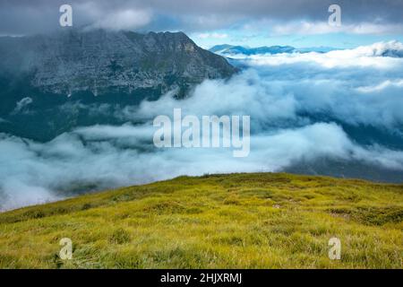 Monti Sibillini National Park, View of Monte Bove, Fog in the Ussita Valley, Marche, Italy, Europe Stock Photo