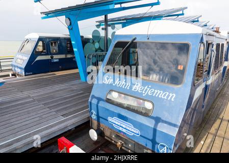 Southend Pier Railway Train diesel power cars on Southend Pier, Southend on Sea, Essex, UK, named Sir John Betjeman. Old, vintage trains Stock Photo