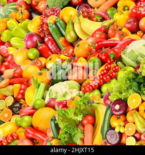 Large fruit colorful square background of fresh and healthy vegetables and fruits. Stock Photo