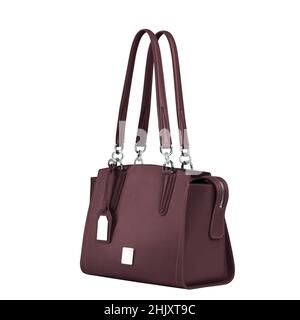 Practical dark burgundy handbag with two handles isolated on white Stock Photo