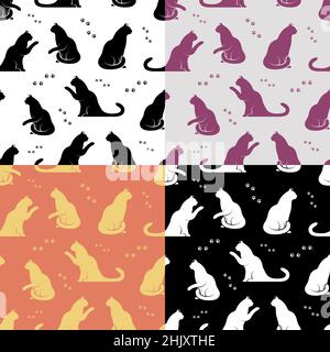 Set of geometric SEAMLESS patterns with pads of cat paws and cats. Animal paw prints on ground. Ornates for decoration and printing on fabric. Design Stock Vector