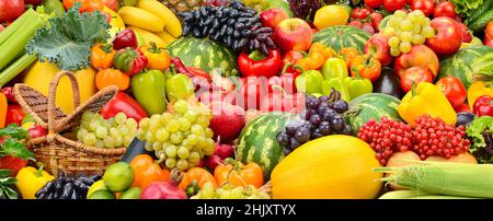Large fruit colorful background of fresh vegetables and fruits. Stock Photo