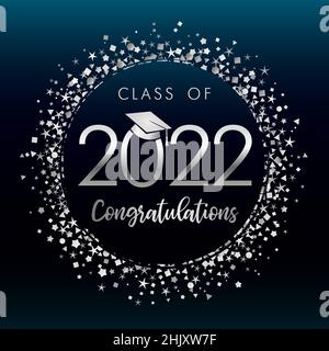 2022 graduates silver glitter confetti label on darck blue background. Graduation class of 2022 vector image with square academic cap for congratulate Stock Vector