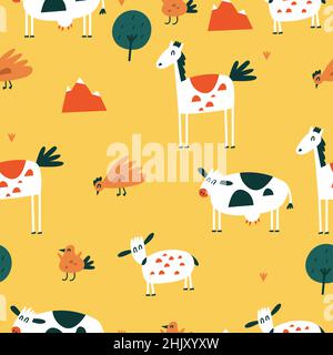 Vector flat illustartions set of standing animals - horse, cow, chicken and bird with sheep. Funny characters for kids. Cartoon style seamless Stock Vector