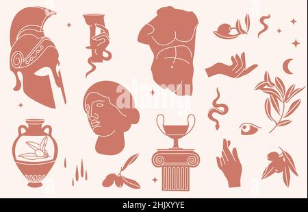 Vector illustration of bundle antique signs and symbols - statues, olive branch, amphora, column, helmet. Ancient greek or roman style elements Stock Vector