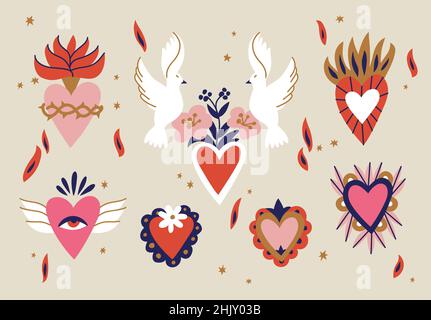 Various Sacred hearts. Traditional Mexican hearts. Hand drawn colored trendy vector illustration. Seamless pattern Stock Vector