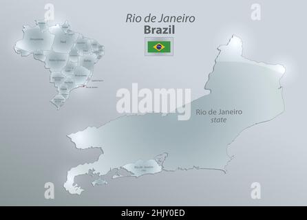 Rio de Janeiro map state and city, Brazil map and flag, separates regions and names, design glass card 3D vector Stock Vector