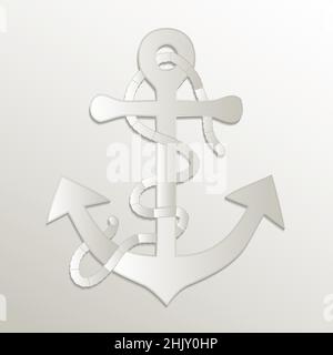 Anchor with rope, symbol icon, card paper 3D natural vector Stock Vector