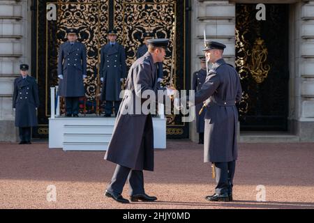 RAF troops during the Changing of the Guard ceremony, which is commemorating the 80th anniversary of the formation of the Royal Air Force Regiment, on the forecourt of Buckingham Palace, London. Picture date: Tuesday February 1, 2022.