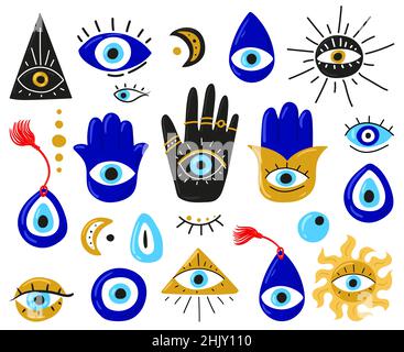 Evil eyes. Set of hand drawn different mascots. Evil eye, Hamsa, Hand of Fatima, Eye of Providence. Vector illustrations of amulets in blue. Freehand drawing style. Isolated on white