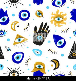 Seamless pattern with Cartoon Evil eyes. Blue Evil eye, Hamsa, Hand of Fatima, Eye of Providence. Vector illustrations of amulets for print, fabric, wallpaper, clothing, wrapping paper Stock Vector