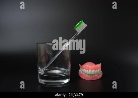 Full removable plastic denture of the jaws. Two acrylic dentures. Dental care with an toothbrush. Teeth and toothbrush on a dark background. Dental pr Stock Photo