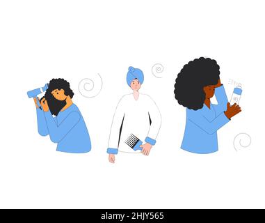 Curly girl method hairstyling routine and tips. Portraits of girls and women with different types of curly hair and  tools and hair cosmetics products Stock Vector