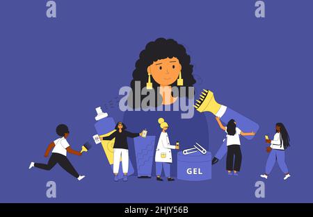 Curly girl method styling. Women with tools and hair cosmetics products for wavy, curl, coils, afro hairstyles. CGM hair concept. Vector illustration Stock Vector